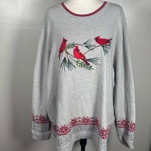 NWT CJ Banks Gray Embroidered Christmas Cardinal Birds Granny Sweater Plus Sz 3X